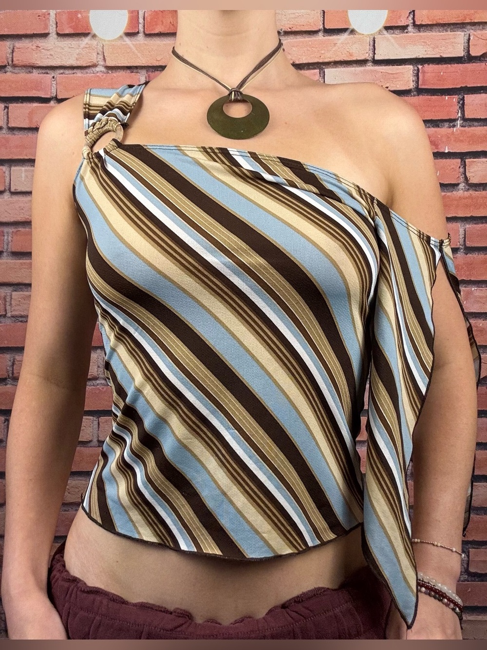 y2k striped one shoulder top
